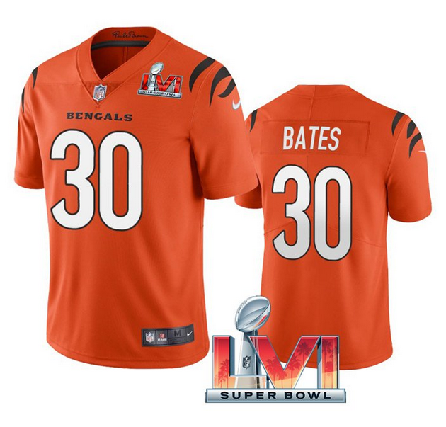 Men's Cincinnati Bengals #30 Jessie Bates 2022 Orange Super Bowl LVI Vapor Limited Stitched Jersey Men's Cincinnati Bengals #30 Jessie Bates 2022 Orange Super Bowl LVI Vapor Limited Stitched Jersey
